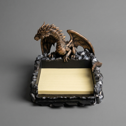 Dragon-themed sticky note holder in black and grey with four customizable templates and artist rendition design