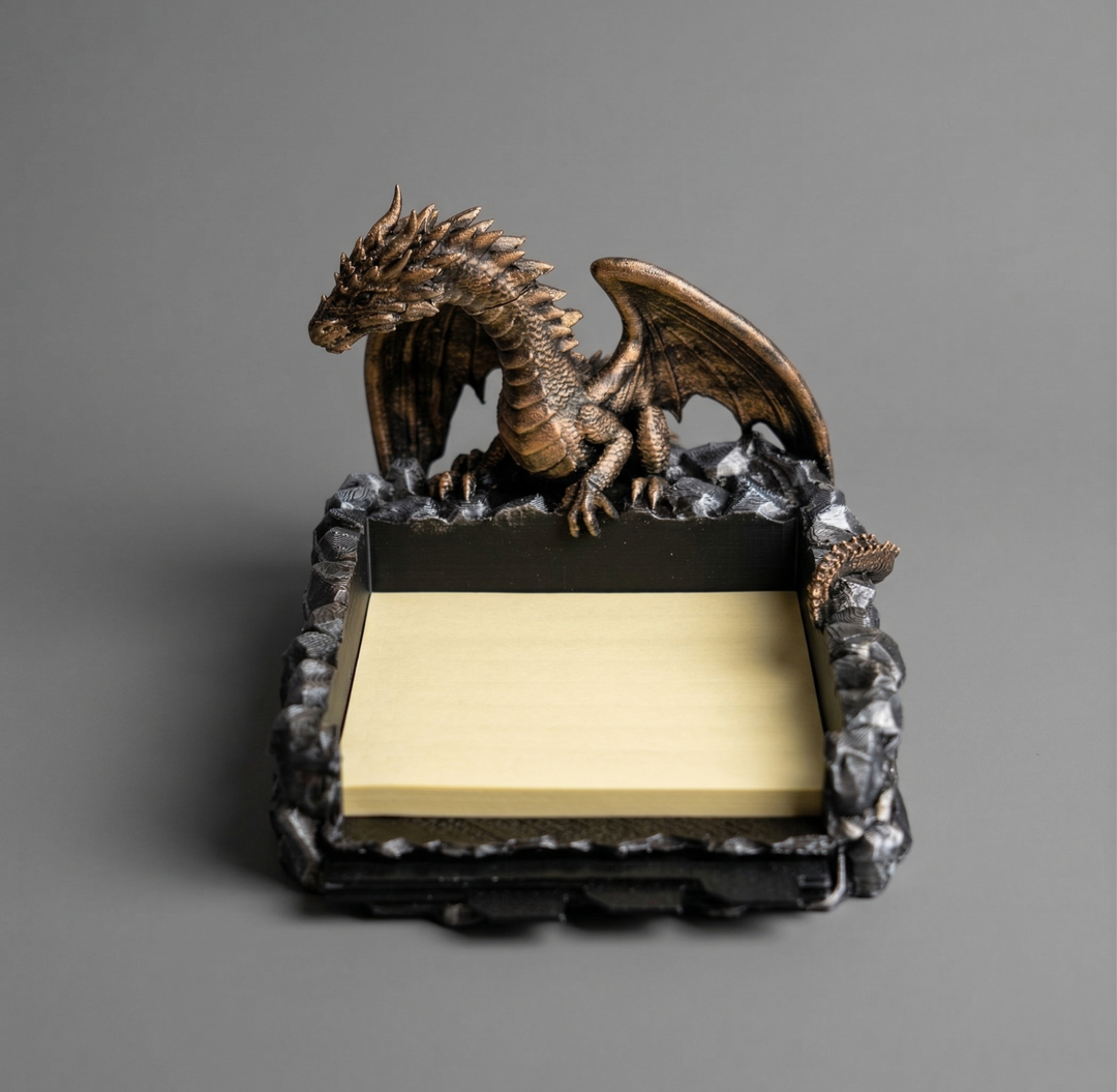 Dragon-themed sticky note holder in black and grey with four customizable templates and artist rendition design
