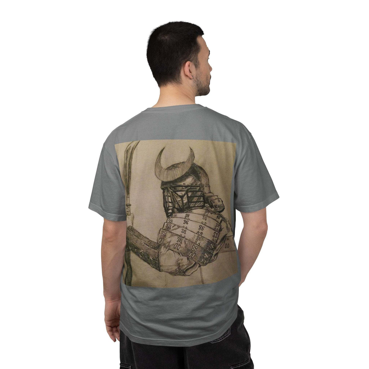 Samurai T-shirt with hand-drawn samurai graphic and "The Bushido Warrior" chest logo, garment-dyed vintage style tee
