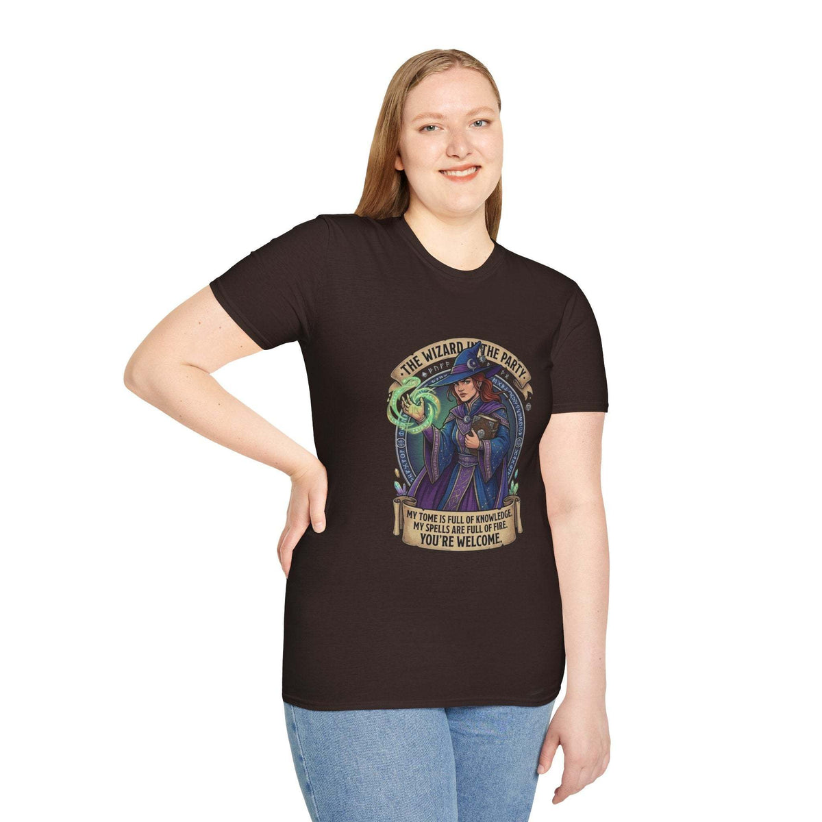 White Female Wizard T-Shirt with detailed colorful fantasy illustration and soft cotton fabric