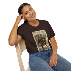 Githzerai monk illustration on vintage-style cotton T-shirt with robed monk in lantern-lit street design