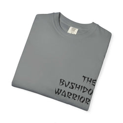 Samurai T-shirt with hand-drawn samurai graphic and "The Bushido Warrior" chest design on soft garment-dyed cotton tee