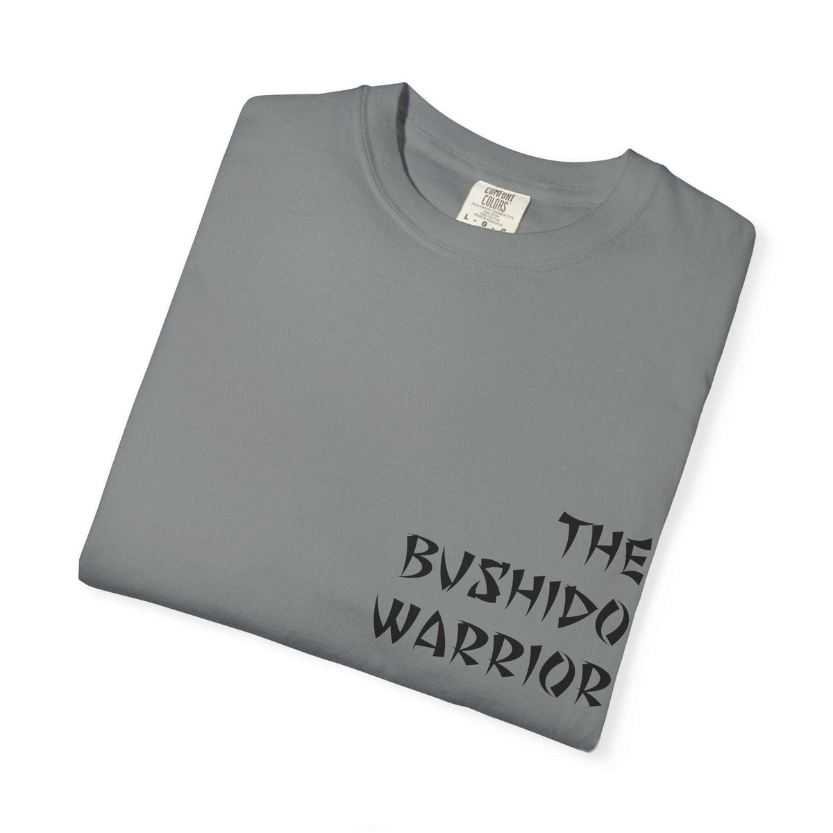 Samurai T-shirt with hand-drawn samurai graphic and "The Bushido Warrior" chest design on soft garment-dyed cotton tee
