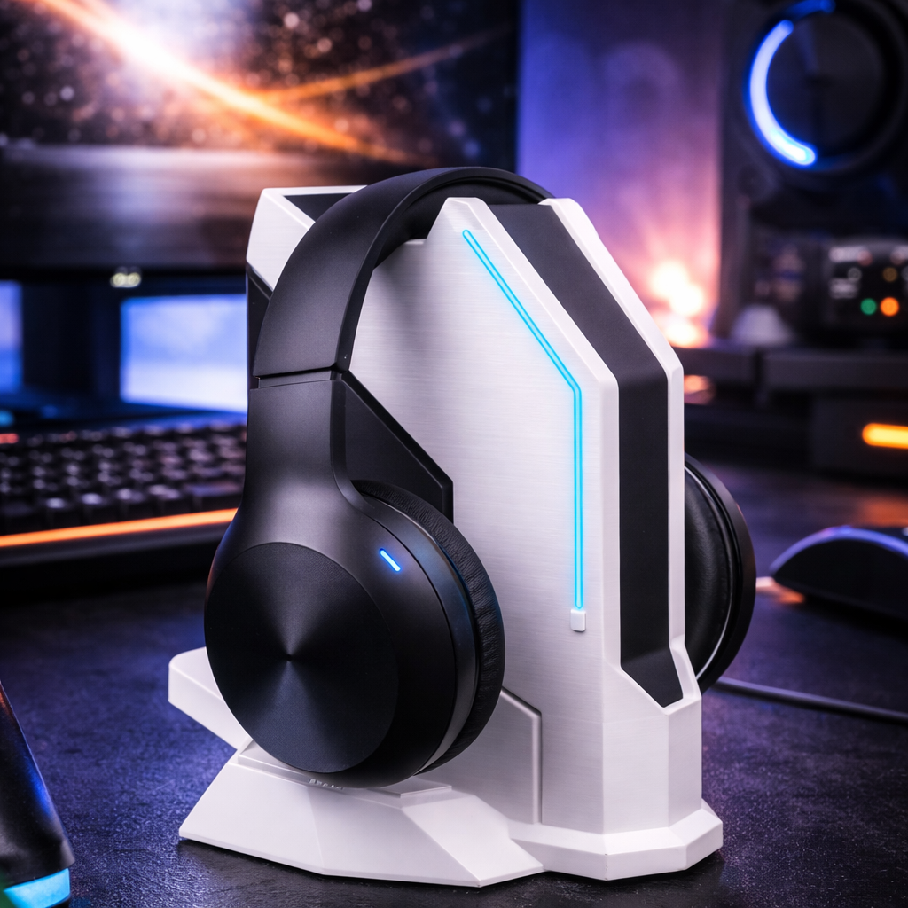 Signal Station Headphone Holder on gaming desk keeping headphones organized and safe