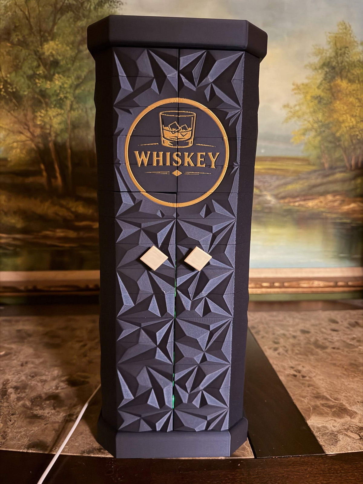 Premium whiskey display box with dual doors and warm LED lighting showcasing spirits on display