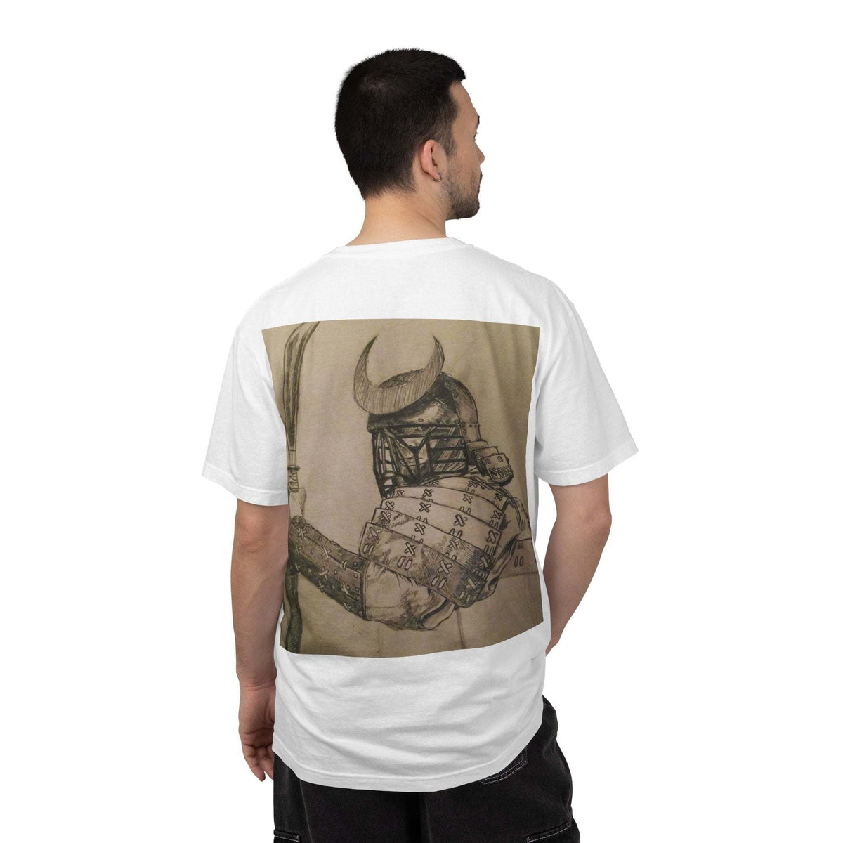Samurai T-Shirt with hand-drawn samurai graphic and "The Bushido Warrior" chest logo on garment-dyed cotton tee