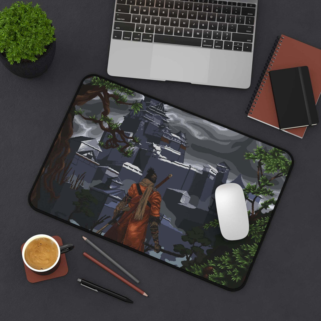 Samurai Castle Desk Mat with moody samurai scene and fortress walls on non-slip neoprene surface