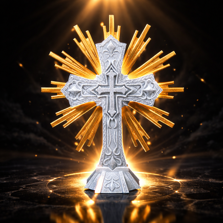 Complete Faith Collection decorative white cross with radiant gold sunburst background for spiritual decor