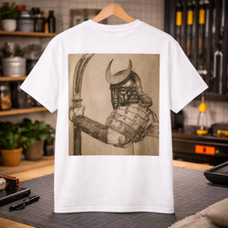 Garment-dyed Samurai T-Shirt with hand-drawn samurai graphic and "The Bushido Warrior" chest print on soft, durable cotton fabric
