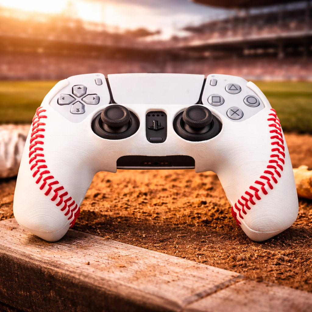 Baseball-themed controller cover with red stitched seams for Xbox and PS5 controllers