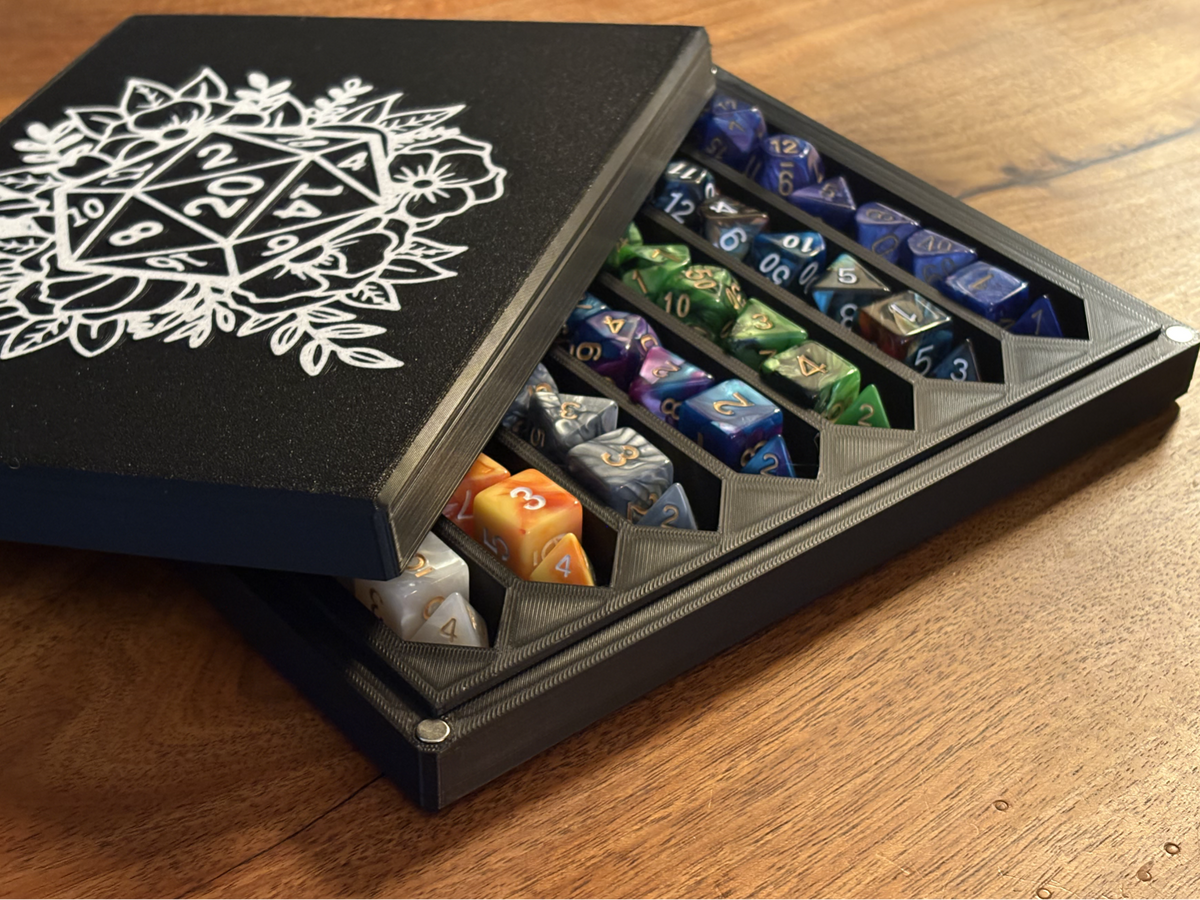Customizable dice storage organizer with magnetic lid and personalized name option