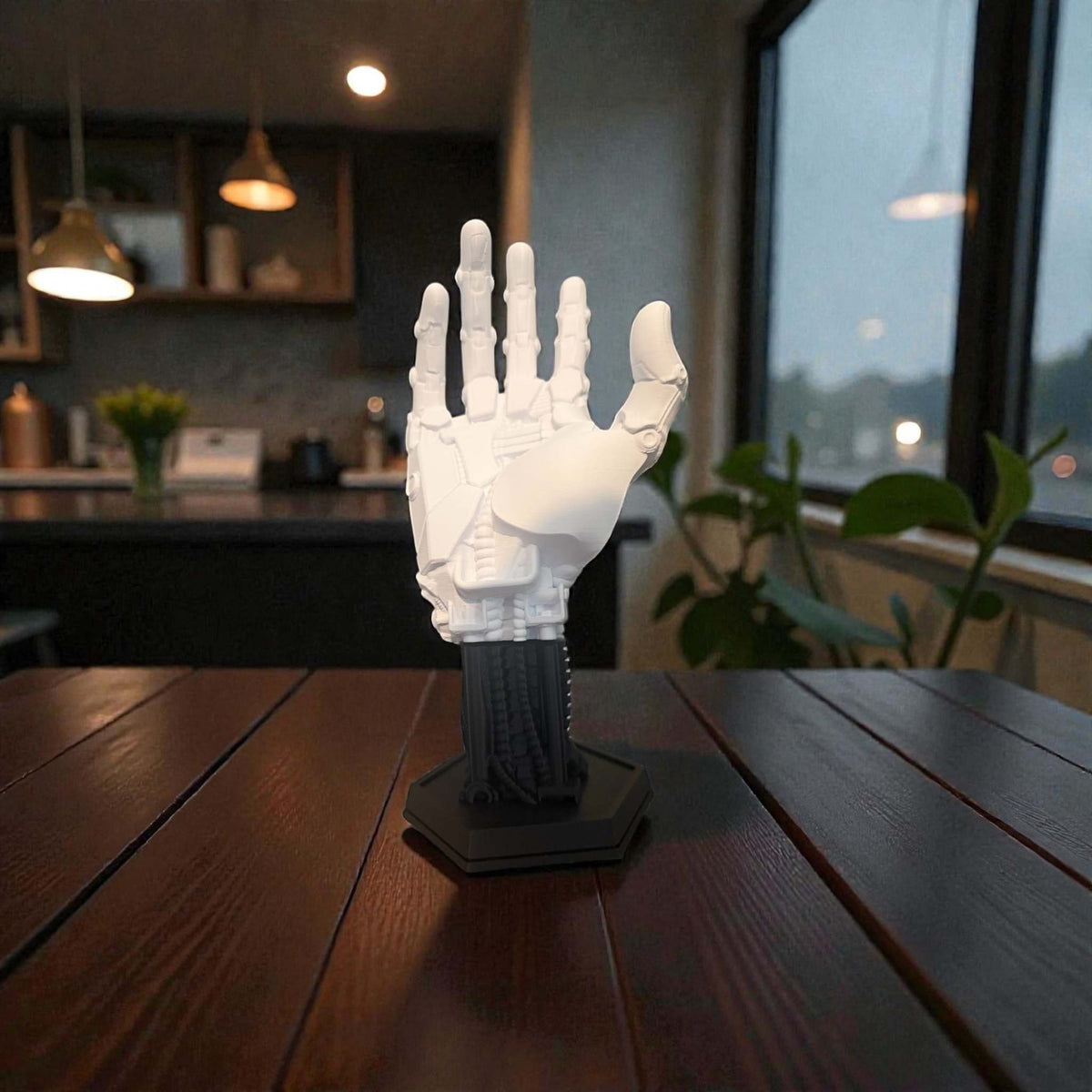 3D-printed robot hand controller stand with detailed mechanical joints and sleek metallic finish for gaming setups