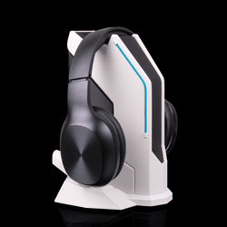 Signal Station Headphone Holder mounted on desk holding gaming headphones for organized, clutter-free setup