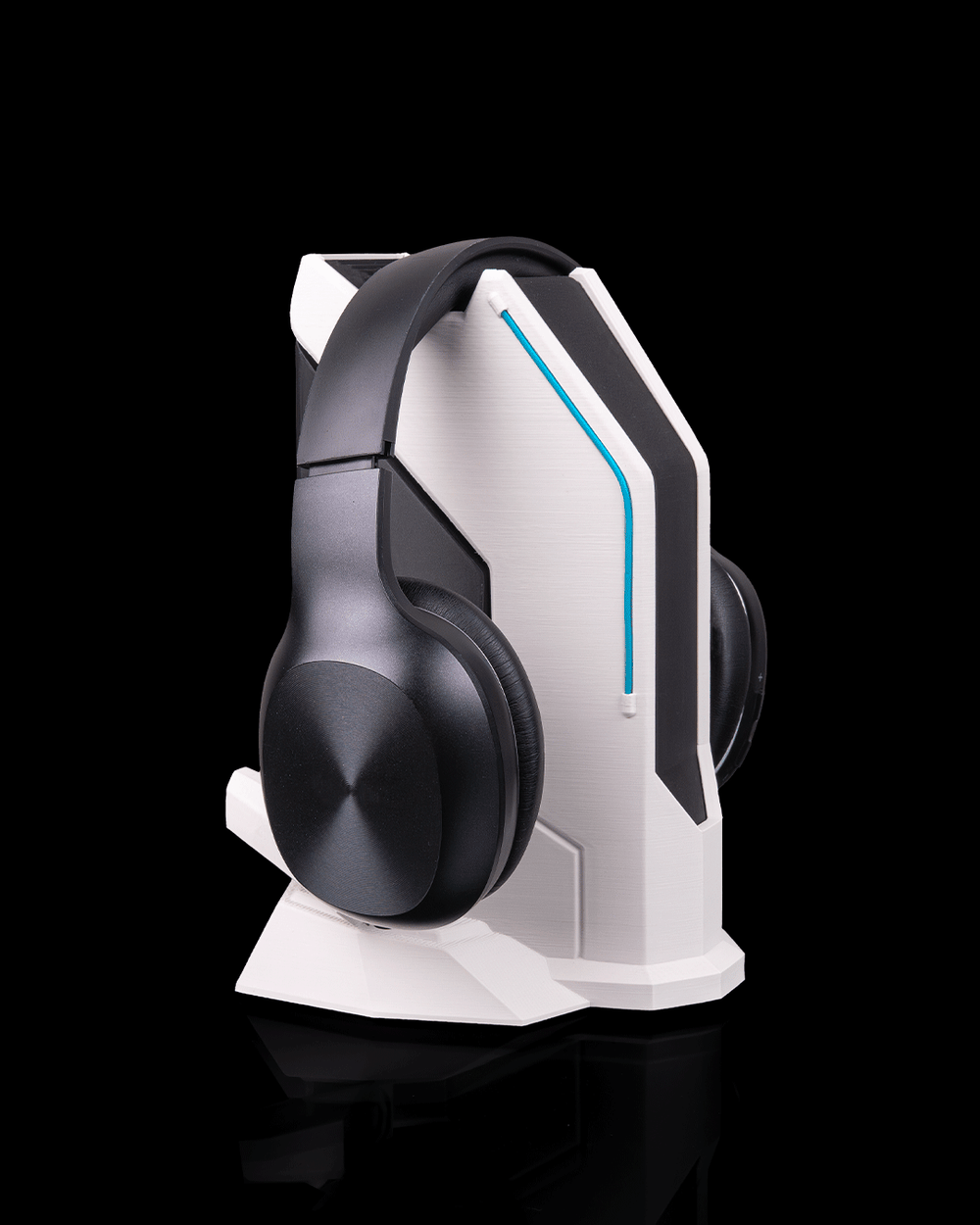 Signal Station Headphone Holder mounted on desk holding gaming headphones for organized, clutter-free setup