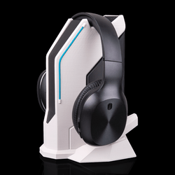 Signal Station Headphone Holder on a gaming desk keeping headphones organized and protected