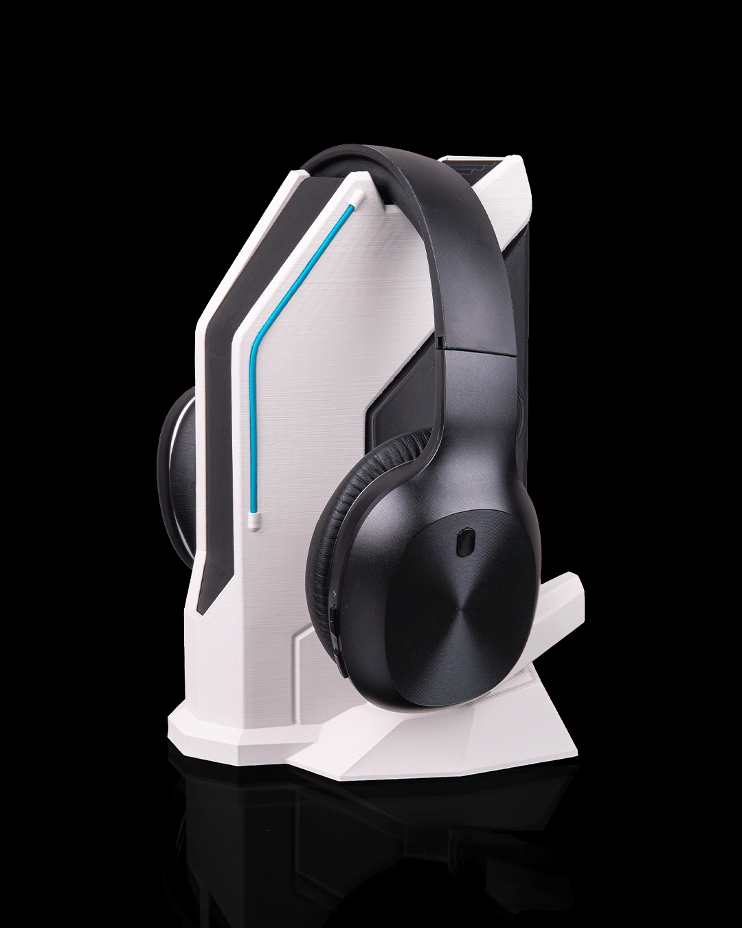 Signal Station Headphone Holder on a gaming desk keeping headphones organized and protected