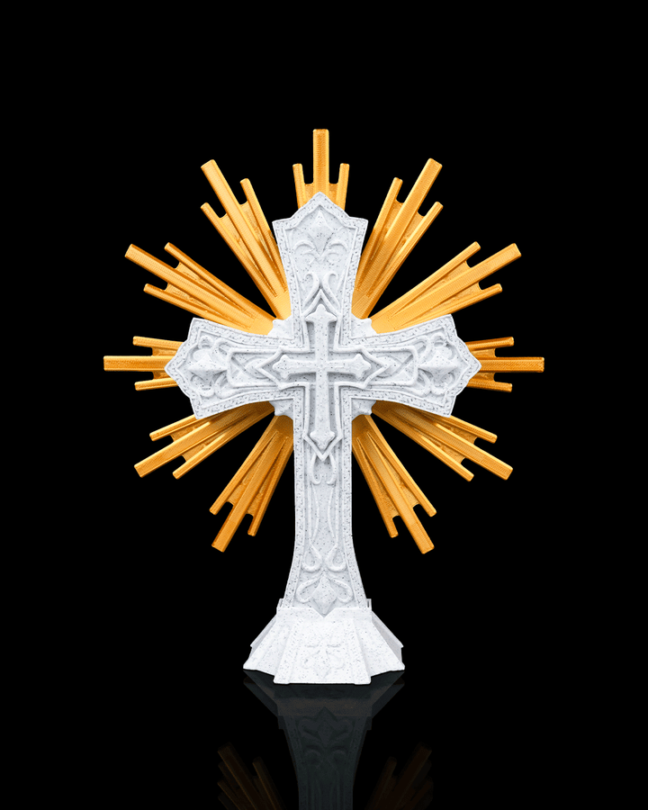 Complete Faith Collection white cross with radiant gold sunburst decorative display