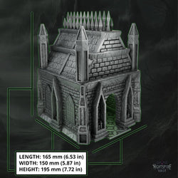 Nightspire Vale Mausoleum miniature measuring 6.53 x 5.87 x 7.72 inches