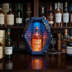 3D printed LED whiskey display box showcasing spirits on display as unique bar decor gift