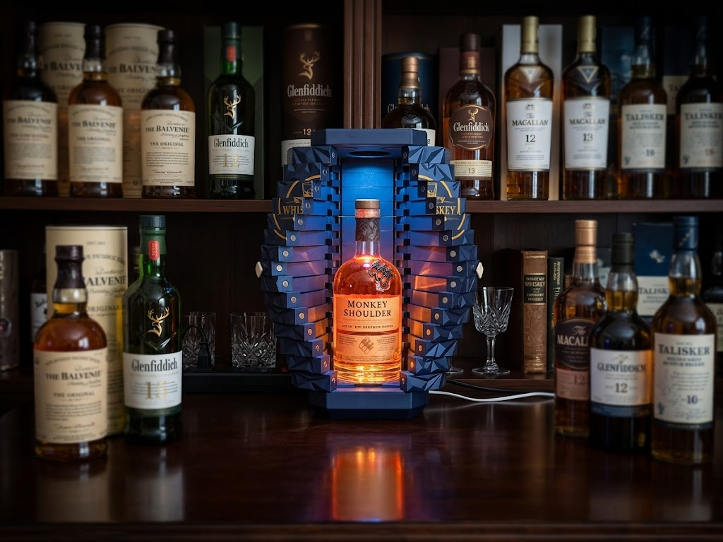 3D printed LED whiskey display box showcasing spirits on display as unique bar decor gift