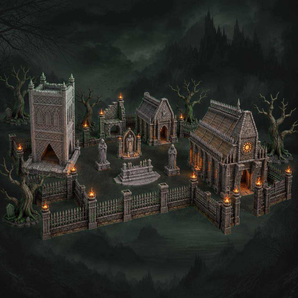 Nightspire Vale gothic cemetery terrain bundle in grey stone, with chapels, mausoleums, statues, walls and glowing lanterns