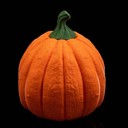 Pumpkin Head Mask in bright orange with sculpted vertical grooves and a dark green curved stem, resembling a traditional pumpkin.