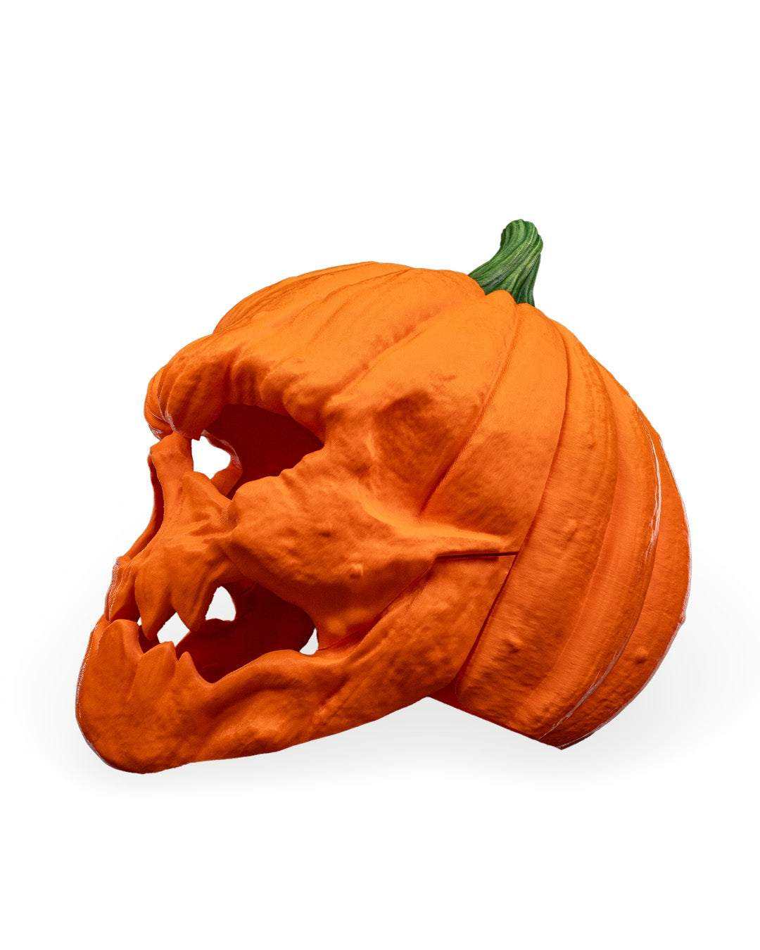Pumpkin Head Mask in textured orange with a green stem and sculpted, jagged open mouth
