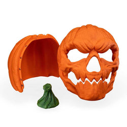 Pumpkin Head Mask in textured orange with a green stem, sculpted with hollow eyes and jagged teeth