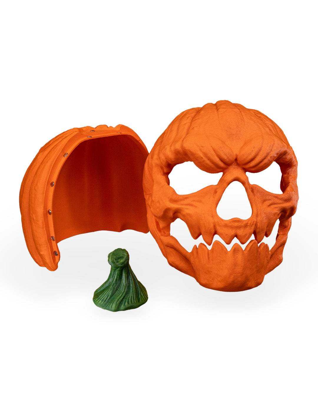 Pumpkin Head Mask in textured orange with a green stem, sculpted with hollow eyes and jagged teeth