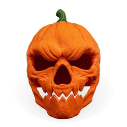 Pumpkin Head Mask in textured orange with a green stem, featuring deep eye sockets and jagged teeth