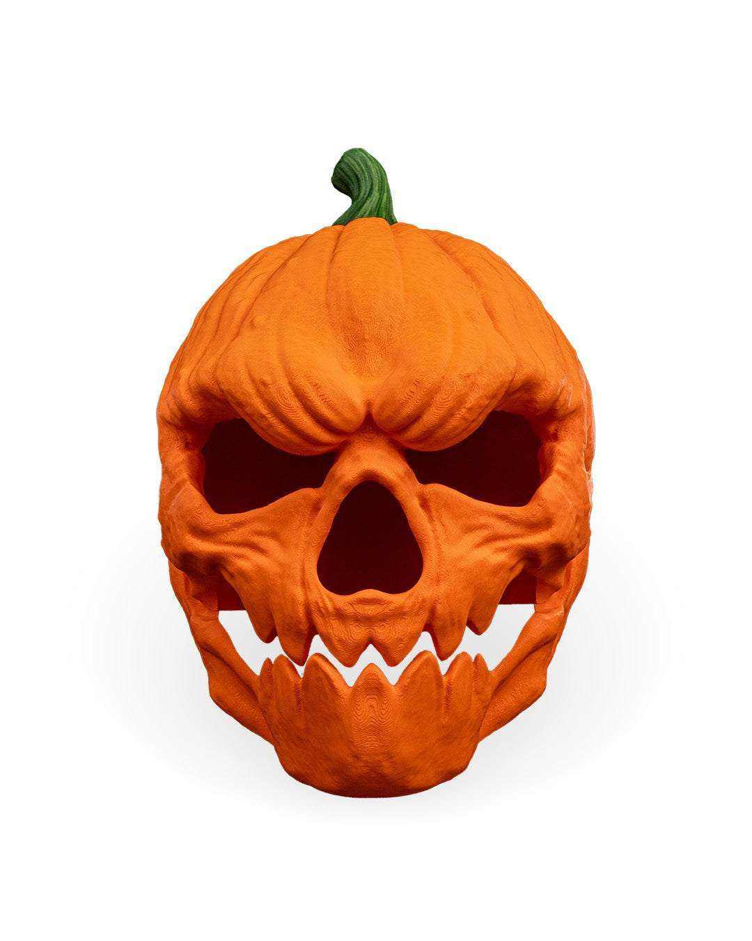 Pumpkin Head Mask in textured orange with a green stem, featuring deep eye sockets and jagged teeth