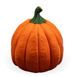 Pumpkin Head Mask in orange with a dark green curled stem and deeply ridged pumpkin shape
