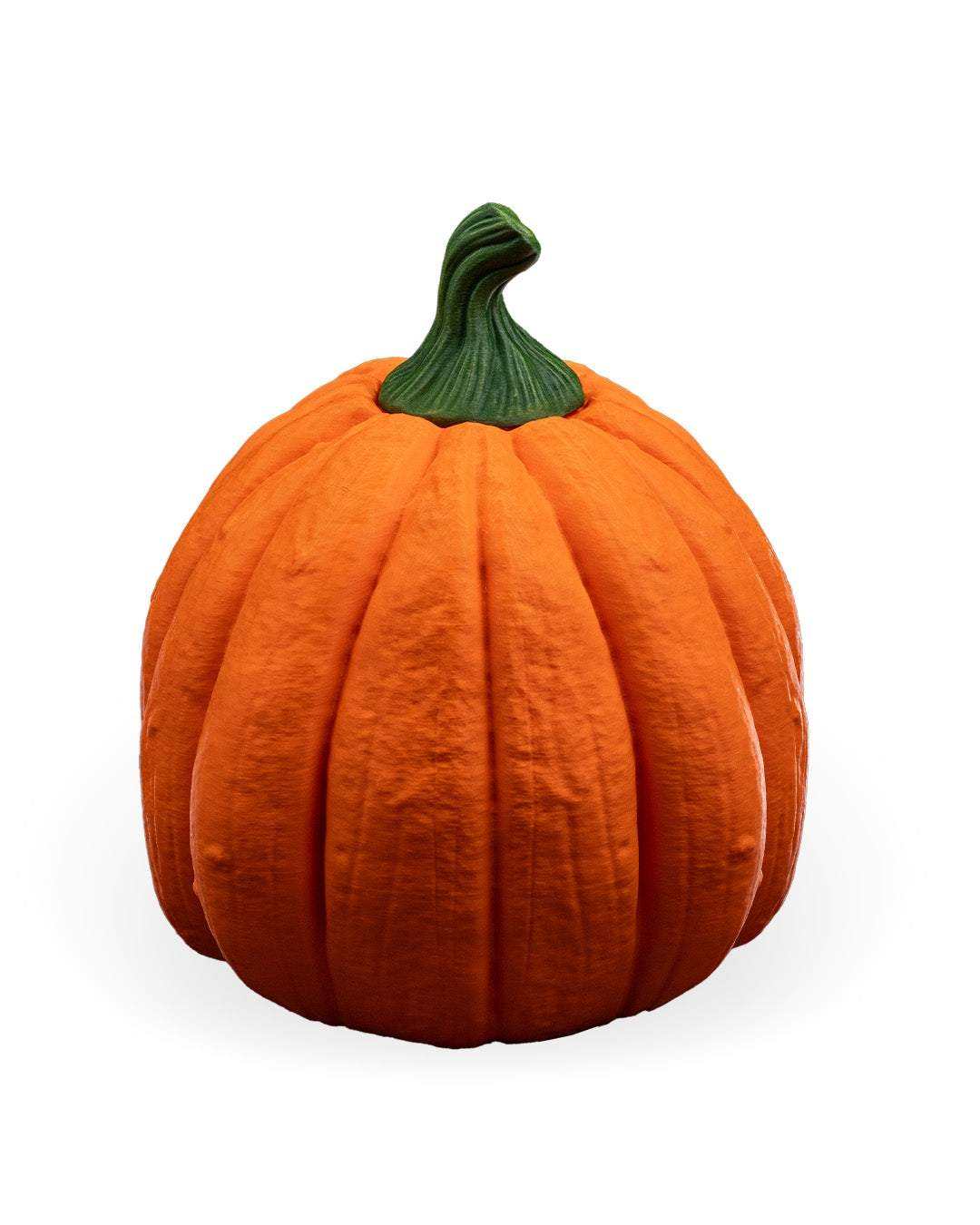Pumpkin Head Mask in orange with a dark green curled stem and deeply ridged pumpkin shape