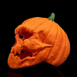 Pumpkin Head Mask in textured orange with a green stem, sculpted ridges and hollow eye and mouth openings