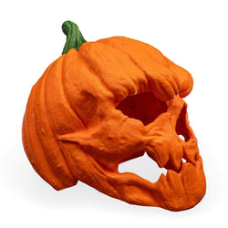 Pumpkin Head Mask in textured orange with a green stem, sculpted pumpkin ridges and open facial features