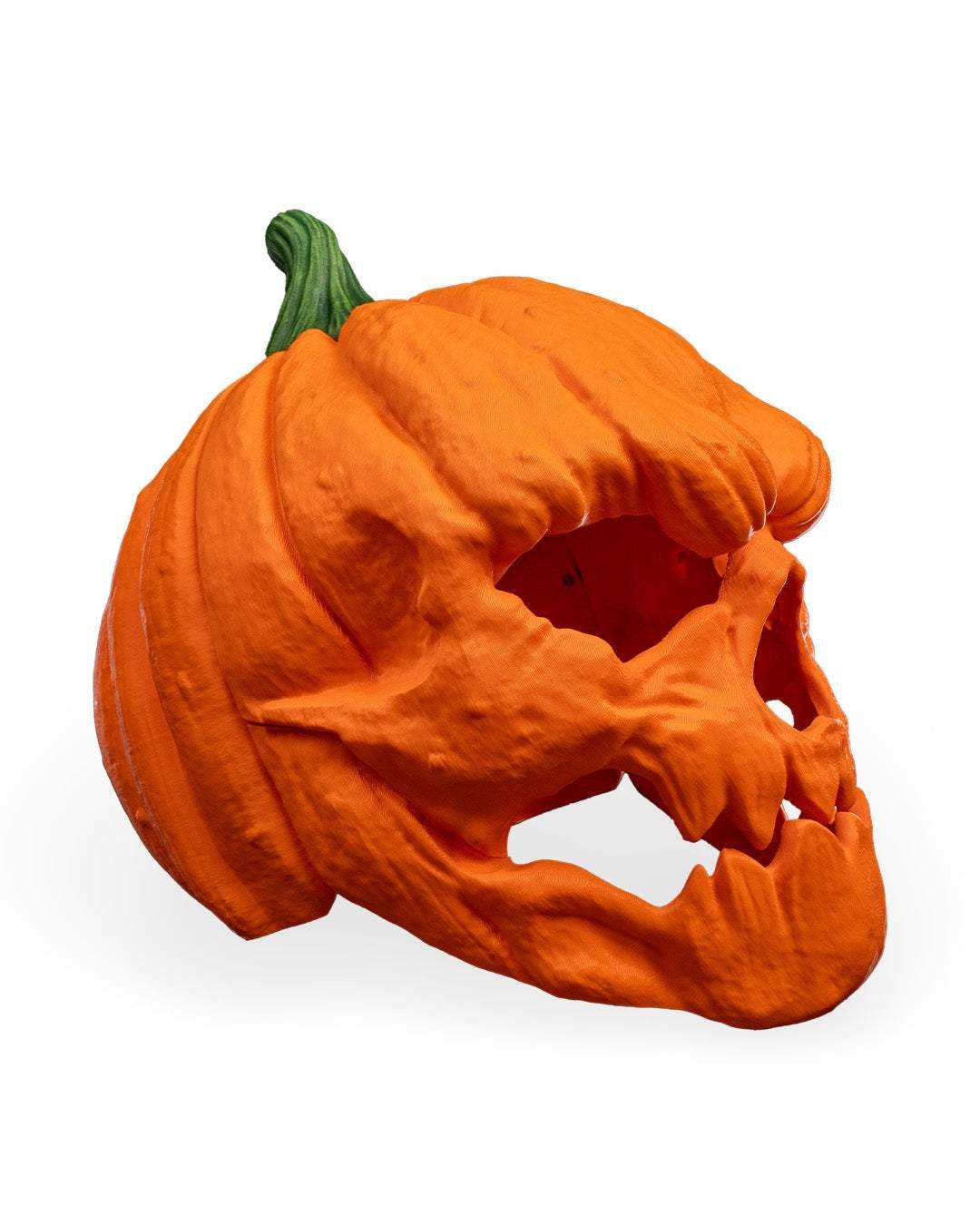 Pumpkin Head Mask in textured orange with a green stem, sculpted pumpkin ridges and open facial features