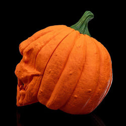 Pumpkin Head Mask in textured orange with deep ribbed grooves, a green stem, and a sculpted snarling face