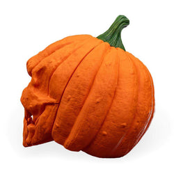 Pumpkin Head Mask in textured orange with deep ridges, a green stem, and a sculpted skull-like face