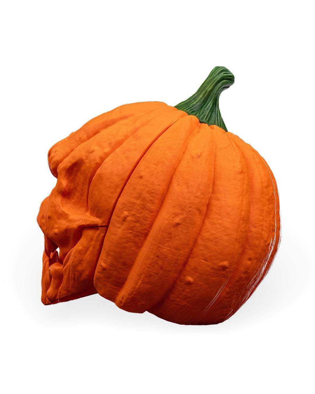 Pumpkin Head Mask in textured orange with deep ridges, a green stem, and a sculpted skull-like face