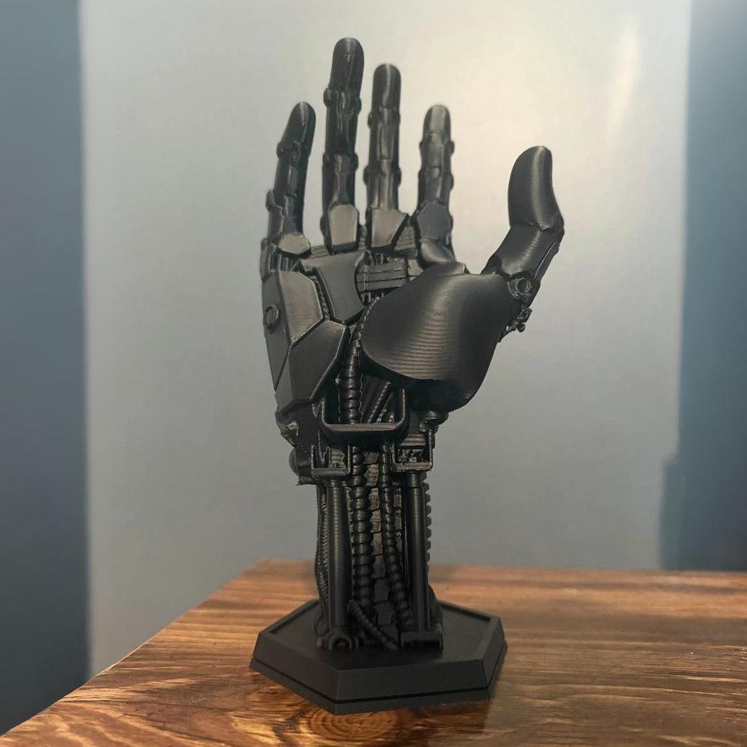 Futuristic robot hand controller stand with mechanical joints and metallic finish for gaming setups